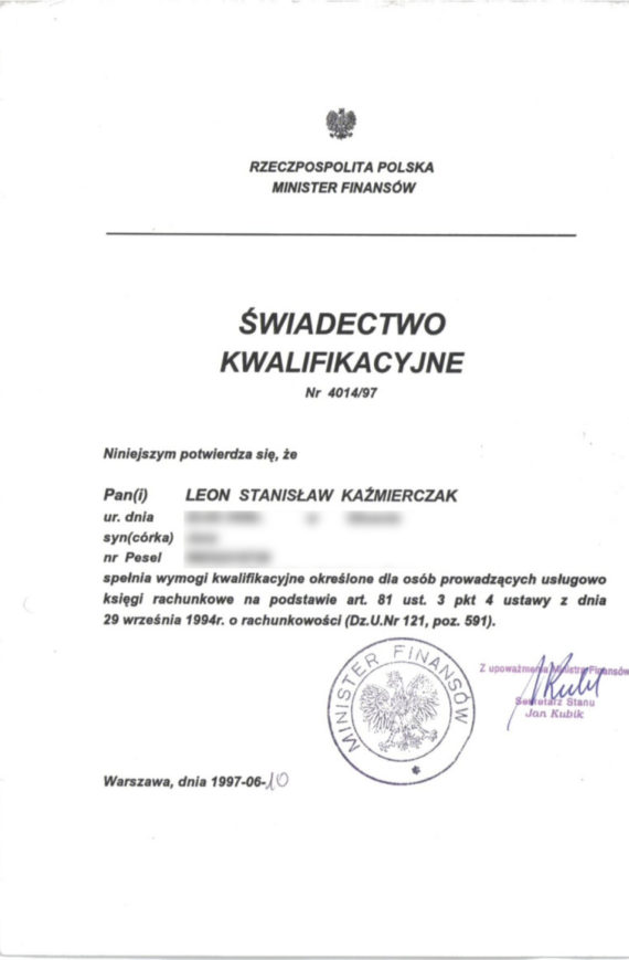Leon Kaźmierczak - Świadectwo kwalifikacyjne