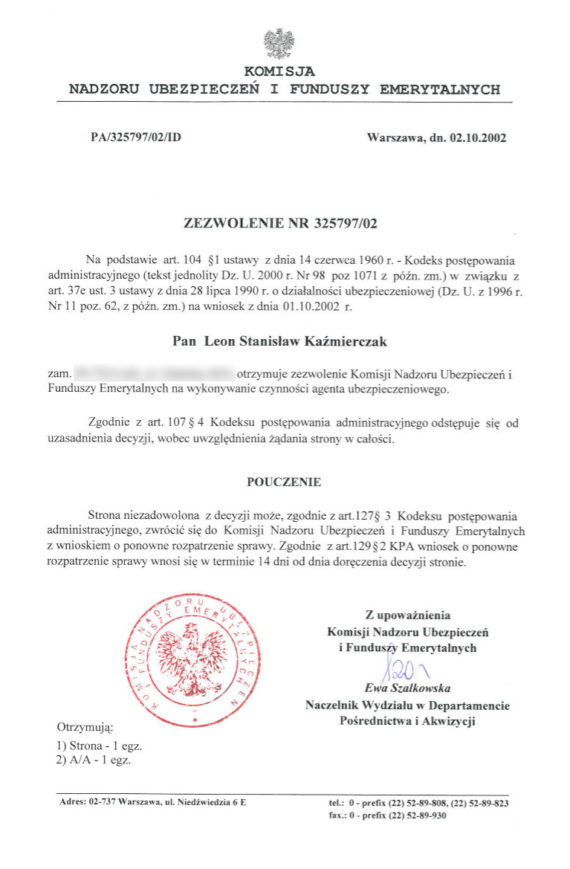 Leon Kaźmierczak - Zezwolenie na wykonywanie czynności agenta ubezpieczeniowego