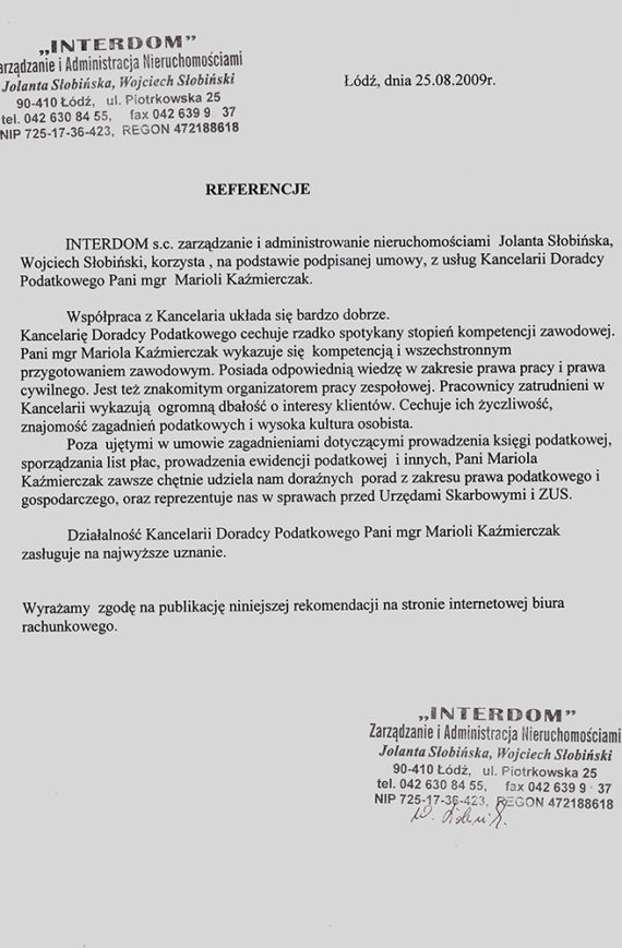 Referencje Biznes Ekspert Łódź Mariola Kaźmierczak doradca podatkowy w łodzi