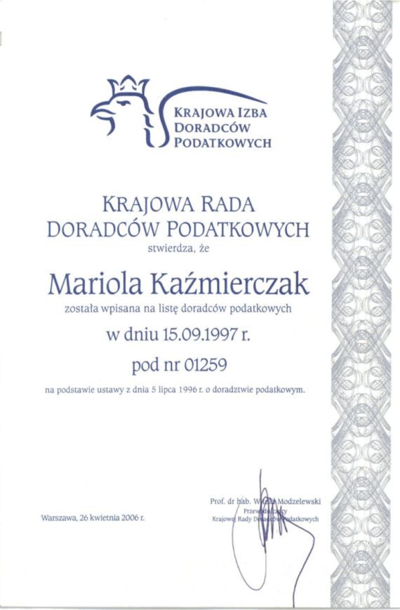 Mariola Kaźmierczak - Wpis na listę doradców podatkowych