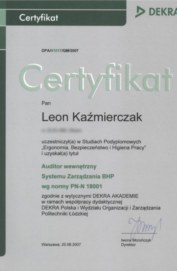 Leon Kaźmierczak - Auditor wewnętrzny Systemu Zarządzania BHP
